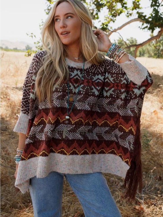 Three Bird Nest Sweaters - Three Bird Nest Textured Multicolor Fringe Sweater Poncho - Brown